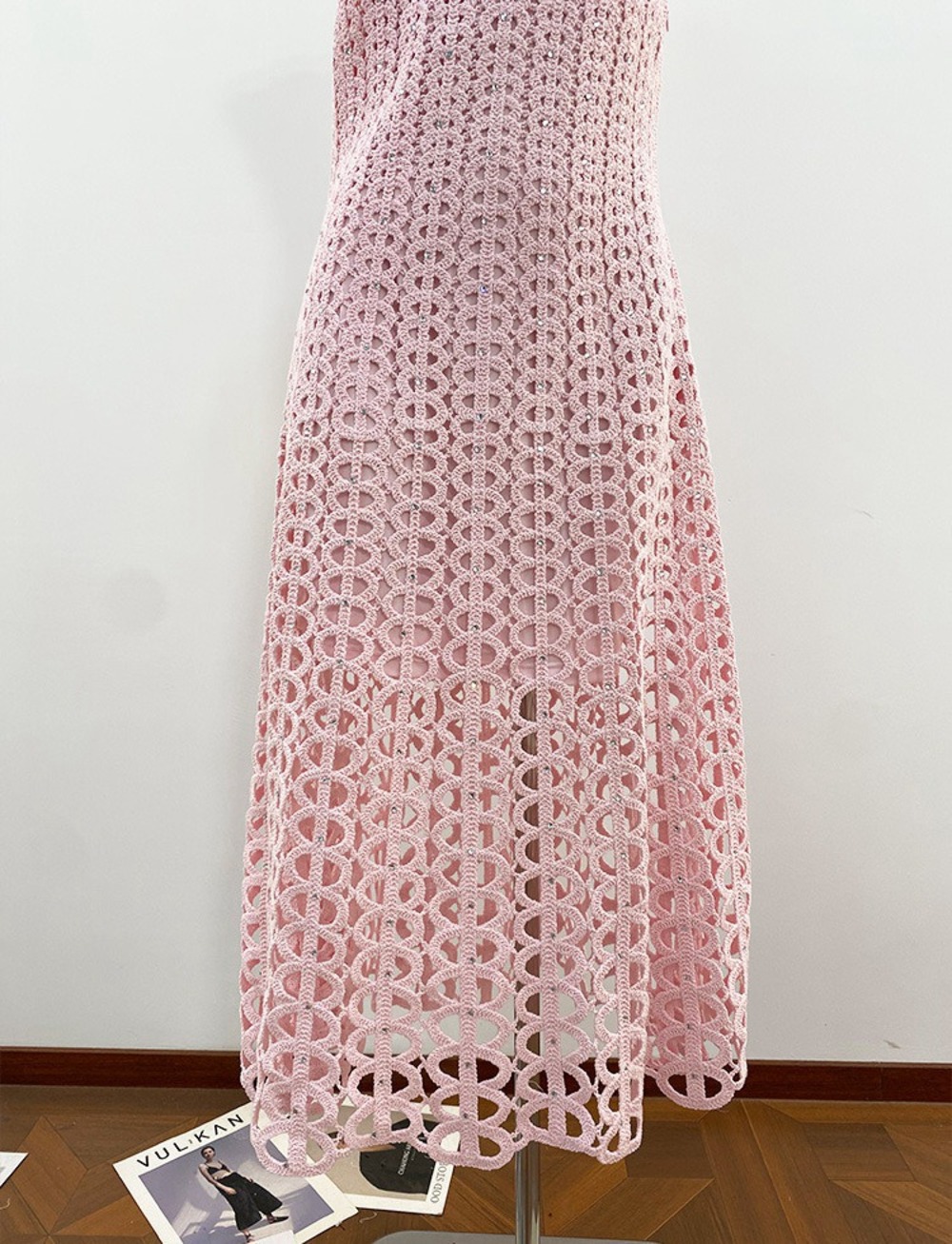 💖Maje Pink Crochet Sleeveless Midi Dress Square Neck Cutout Lace - Picture 5 of 9